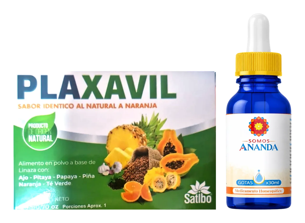 El kit del día 4: la caja de Plaxavil, alimento en polvo a base de linaza, junto al frasco azul de Leptandra en gotas de 30 ml