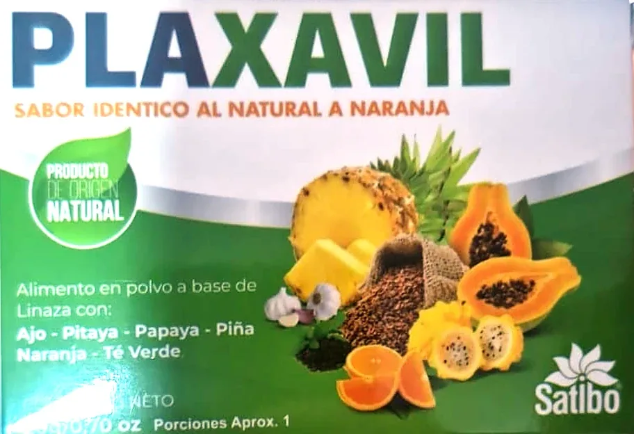 Plaxavil, alimento en polvo a base de linaza con ajo, pitaya, papaya, piña, naranja y té verde, caja de un sobre de 20 gramos
